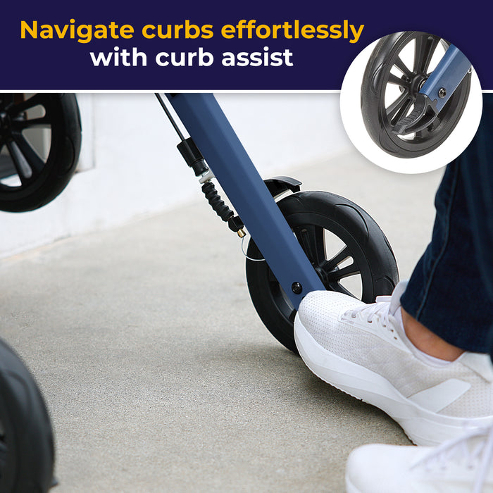 Light Rollator, Blue, 9 Inch Front Wheel and Curb Assist Detail