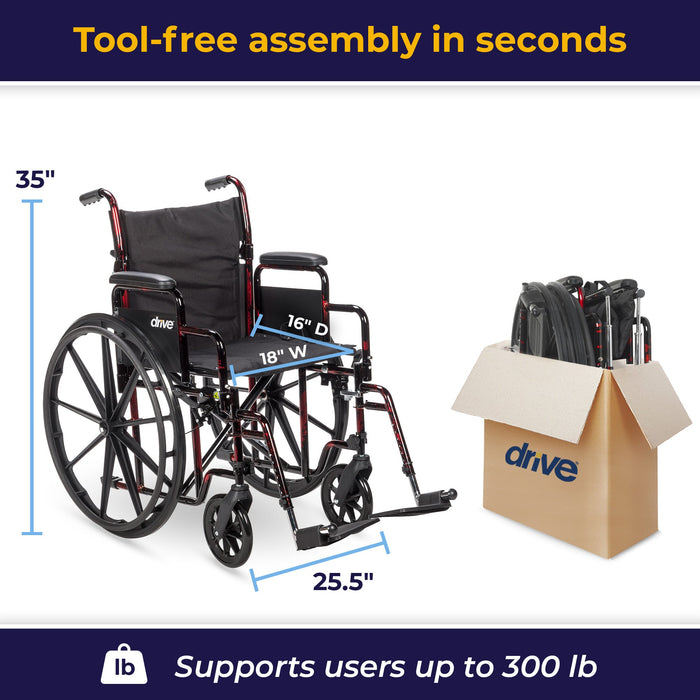 Lightweight Folding Wheelchair, Red, Dimensions View