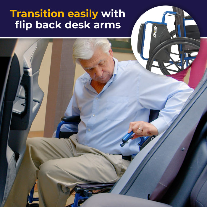 Blue Streak Wheelchair with Flip Back Desk Arms, Swing Away Footrests, 20" Seat