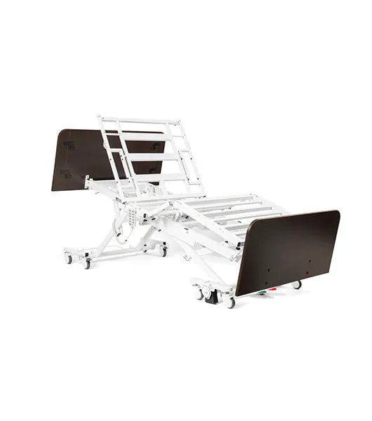 White medical bed with adjustable head and foot sections on a white  Medacure DLX600-CLS Bariatric Full-Electric Bedbackground