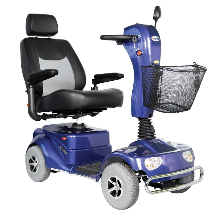 Merits Pioneer 4 4-wheel mobility scooter, blue, front angle