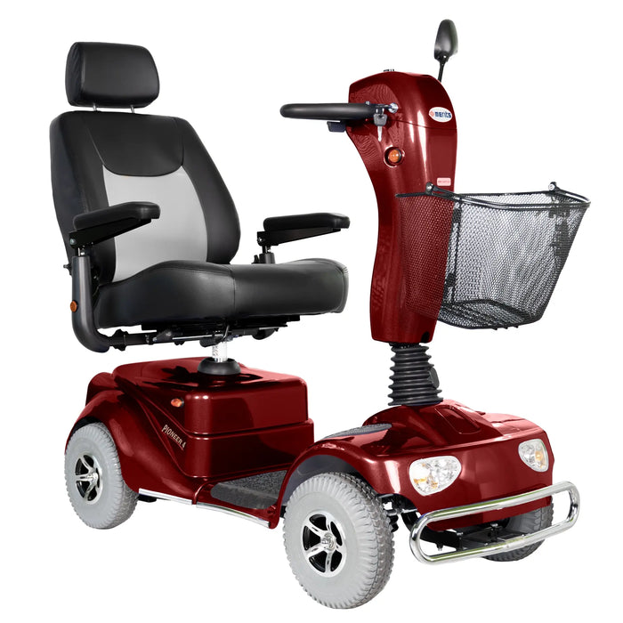 Merits Pioneer 4 4-wheel mobility scooter, red, front angle