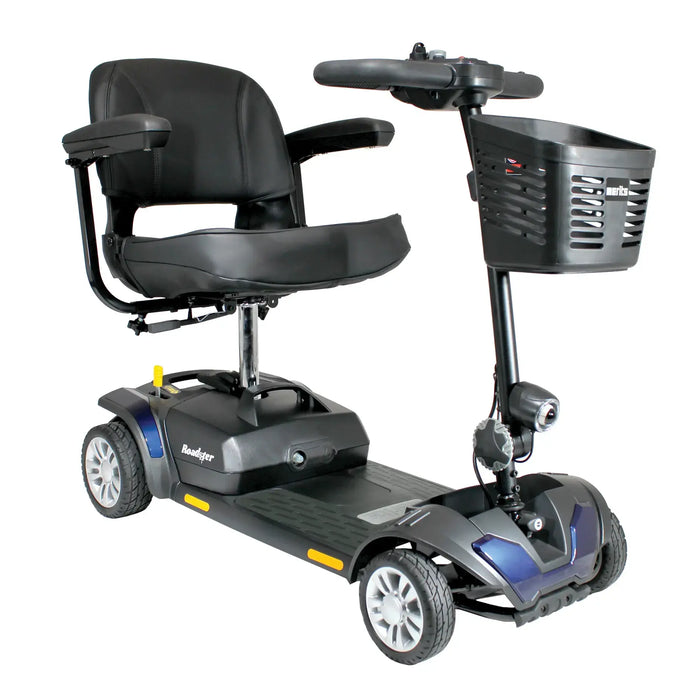 Merits Roadster S4 portable 4-wheel mobility scooter, blue, front angle view.