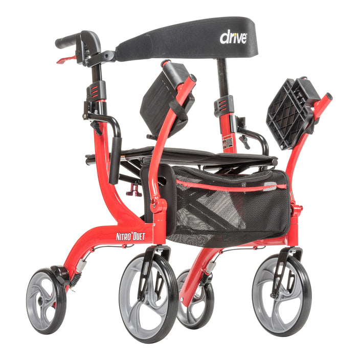 Nitro Duet Dual Function Transport Wheelchair and Rollator Rolling Walker, Red