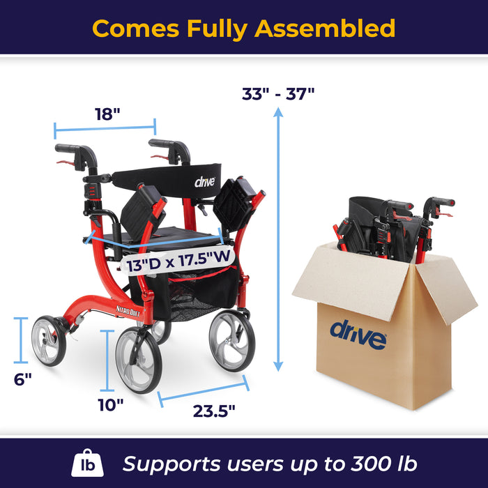 Nitro Duet Dual Function Transport Wheelchair and Rollator Rolling Walker, Red