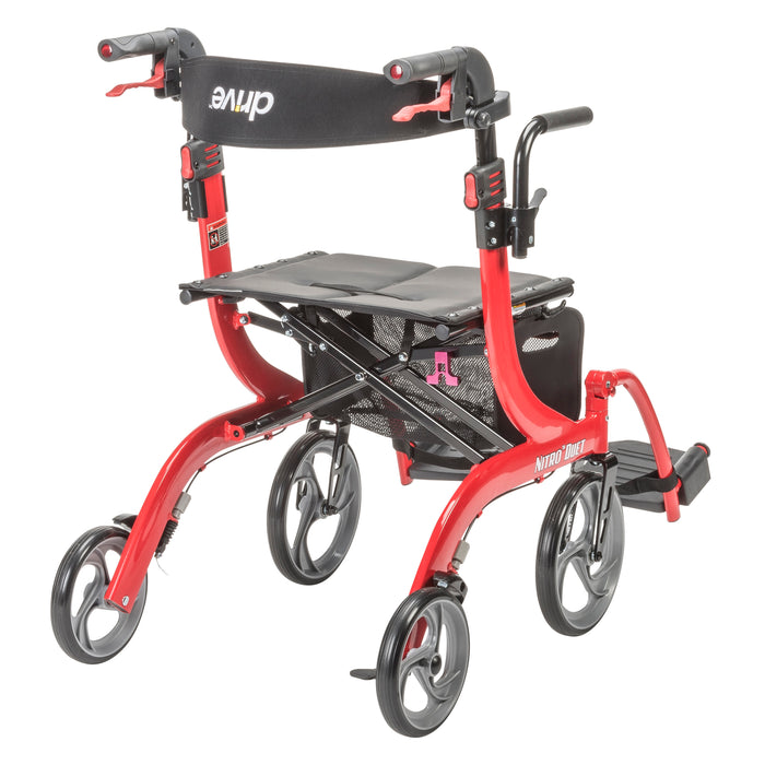 Nitro Duet Dual Function Transport Wheelchair and Rollator Rolling Walker, Red