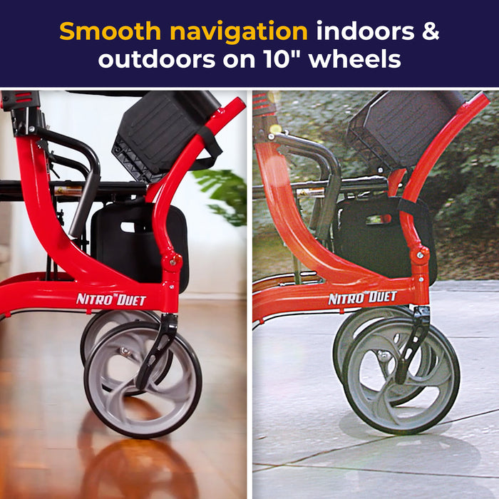 Nitro Duet Dual Function Transport Wheelchair and Rollator Rolling Walker, Red