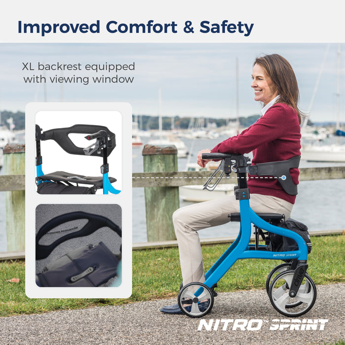Nitro Sprint Rollator, Blue, Side View wth backrest and a person sitting on it
