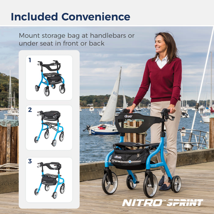 Nitro Sprint Rollator, Blue, with storage bag ways of attachment
