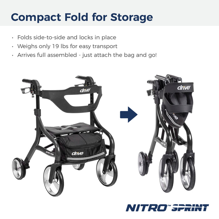 Nitro Sprint Rollator Hemi Height, Black, Folded for Storage feature