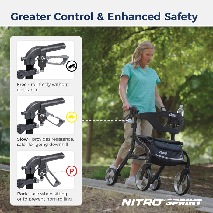 Nitro Sprint Rollator Hemi Height, Black, Handle and Brake Lever Detail