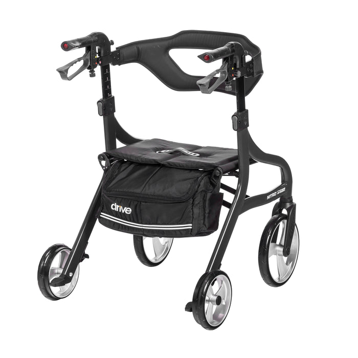 Nitro Sprint Rollator Hemi Height, Black, Rear View with the storage bag at the back of the seat