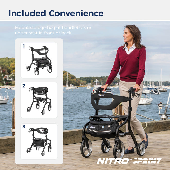 Nitro Sprint Rollator Hemi Height, Black, Storage Bag Attached in 3 positions