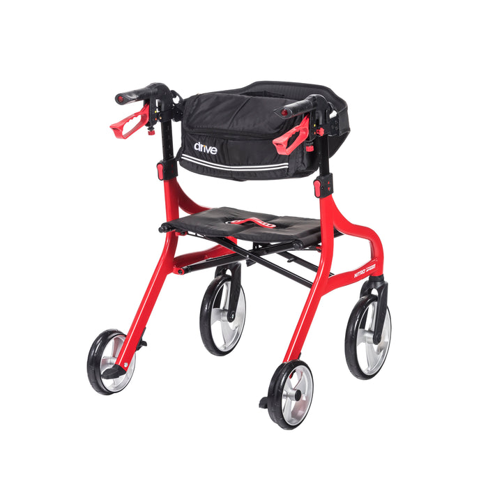 Nitro Sprint Rollator Hemi Height, Red, Rear View with the storage bag ath the handle bars