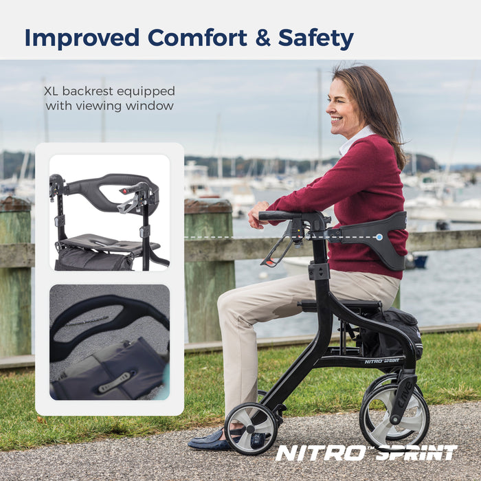 Nitro Sprint Rollator Hemi Height, Red, Side View with a woman sitting on it