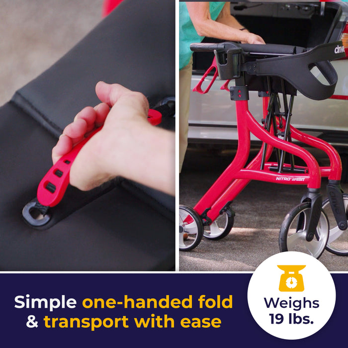 Nitro Sprint Rollator Rolling Walker, Red, one-hand folding feature