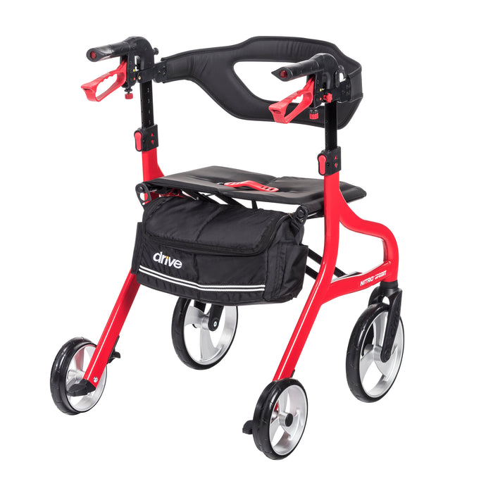 Nitro Sprint Rollator Rolling Walker, Red with storage bag and backrest with viewing window