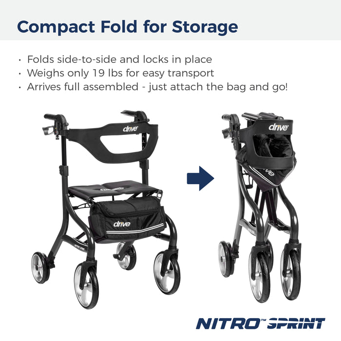 Nitro Sprint Rollator Rolling Walker, Tall, Black folded ready for storage