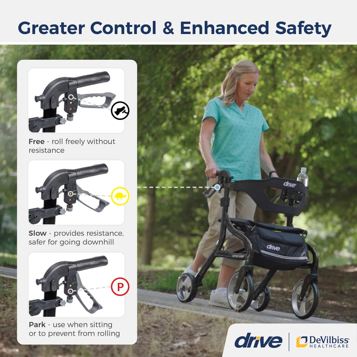 Nitro Sprint Rollator Rolling Walker, Tall, Black hand control for brakes, speed, and park