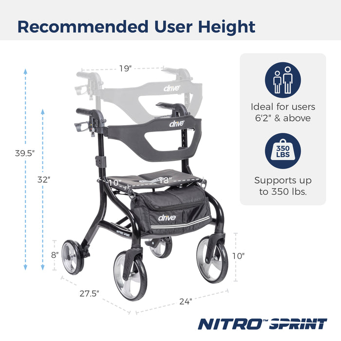 Nitro Sprint Rollator Rolling Walker, Tall, Black user height adjustments dimensions