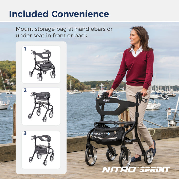 Nitro Sprint Rollator Rolling Walker, Tall, Black storage bag, places to mount