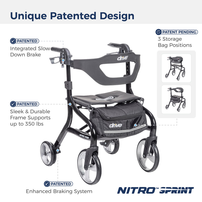 Nitro Sprint Rollator Rolling Walker, Tall, Black unique sleek & durable, 3 storage bag options & slow down brake design