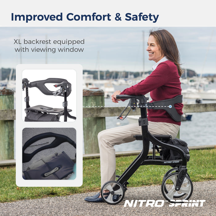 Nitro Sprint Rollator Rolling Walker, Tall, Black with backrest with viewing window and a sitting woman