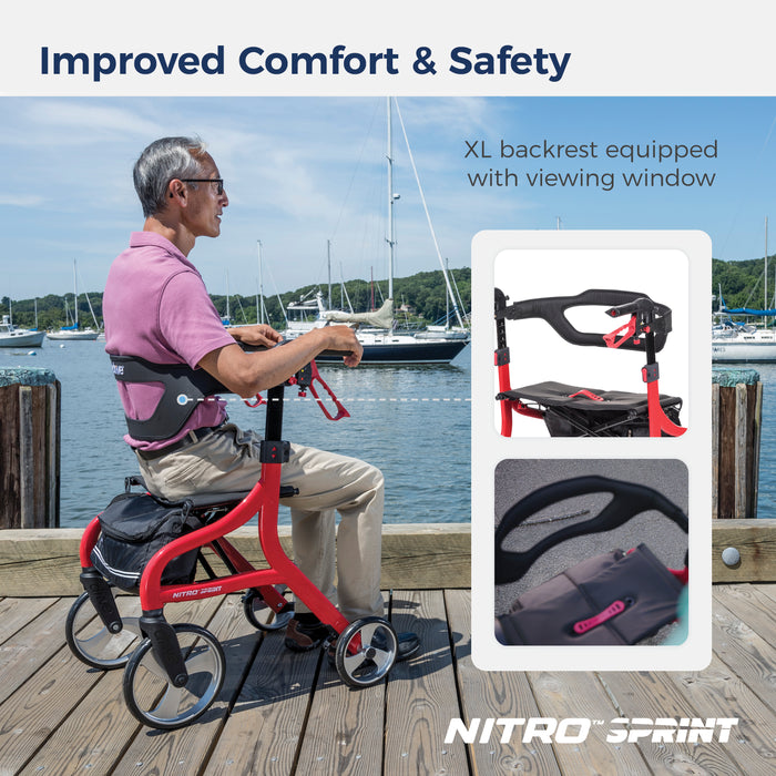 Nitro Sprint Rollator Tall, Red, Side View with am man sitting on it