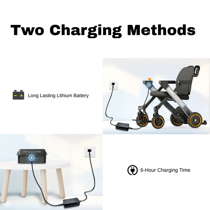Paiseec W3 3-in-1 electric wheelchair showing two charging methods for the lithium battery and a 6-hour charging time.