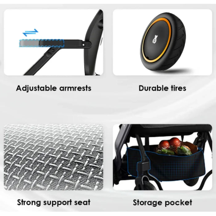 Paiseec W3 electric wheelchair features showing adjustable armrests, durable tires, supportive seat fabric, and under-seat storage pocket.
