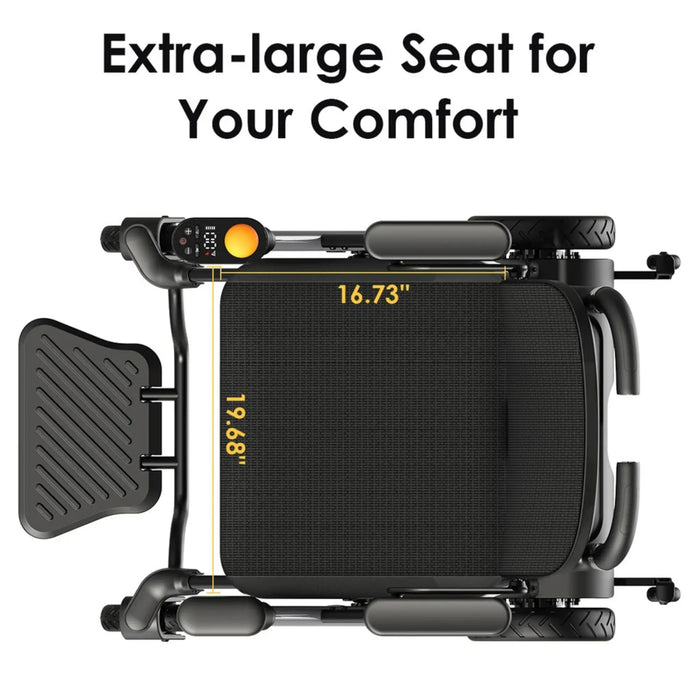 Top view of the Paiseec W3 electric wheelchair showing the extra-large seat measuring approximately 16.73 by 19.68 inches.