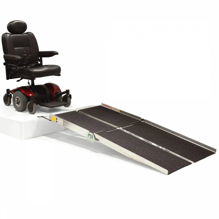 PVI Multifold Reach ramp set up on raised platform for mobility scooter access with full-width stable surface