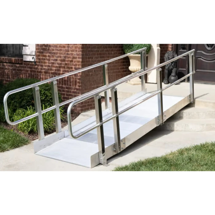 Side view of PVI OnTrac ramp with dual handrails installed at residential entry for wheelchair or scooter use