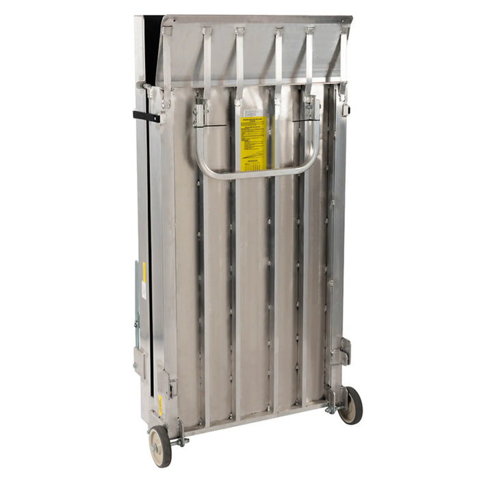 PVI Wheel-A-Bout ramp folded upright showing built-in wheels and handle for portability