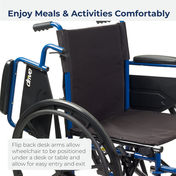 Blue Streak Wheelchair with Flip Back Desk Arms, Elevating Leg Rests, 16" Seat