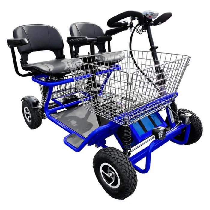 Blue RMB E-Quad XL Dual Seat Heavy Duty 4-Wheel Mobility Scooter with dual seats and large front basket, front left view