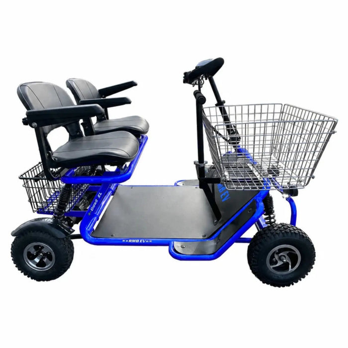 Blue RMB E-Quad XL Dual Seat Heavy Duty 4-Wheel Mobility Scooter with dual seats and front basket, left side view