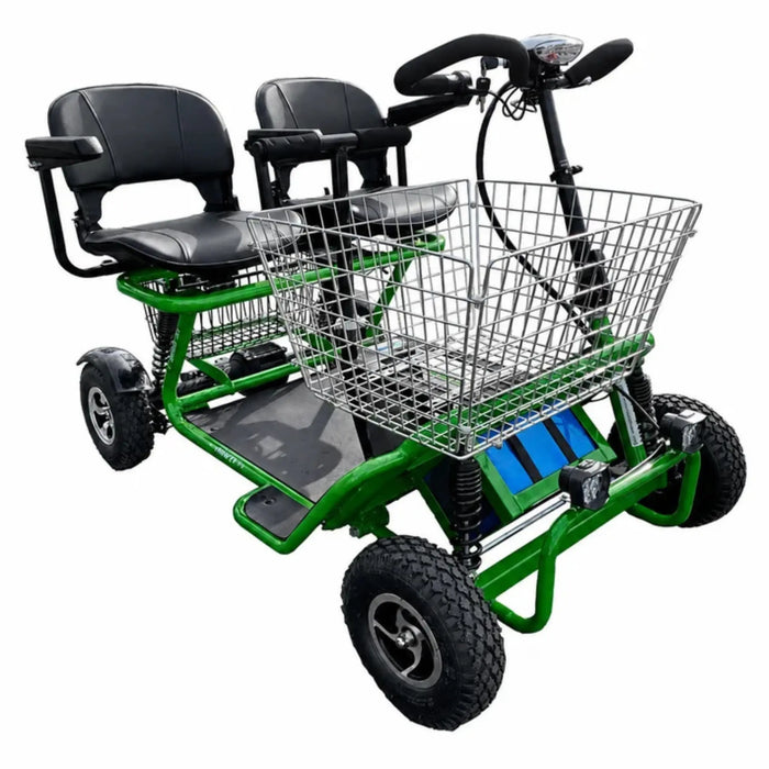 Green RMB E-Quad XL Dual Seat Heavy Duty 4-Wheel Mobility Scooter with dual seats and large front basket, front left view
