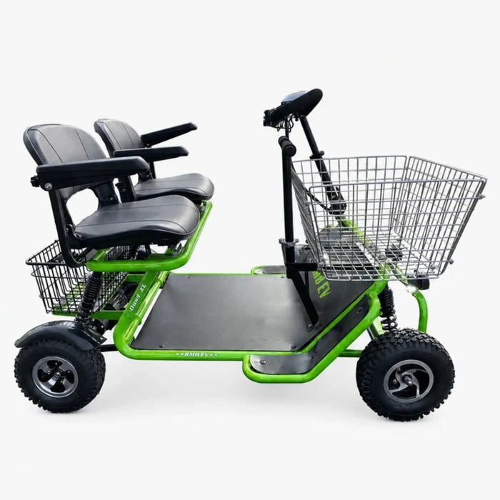 Green RMB E-Quad XL Dual Seat Heavy Duty 4-Wheel Mobility Scooter with dual seats and front basket, left side view