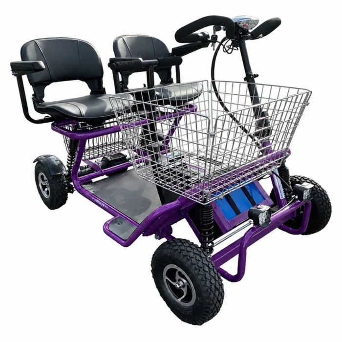 Purple RMB E-Quad XL Dual Seat Heavy Duty 4-Wheel Mobility Scooter with dual seats and large front basket, front left view