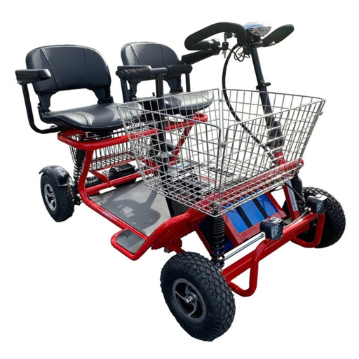 Red RMB E-Quad XL Dual Seat Heavy Duty 4-Wheel Mobility Scooter with dual seats and large front basket, front left view