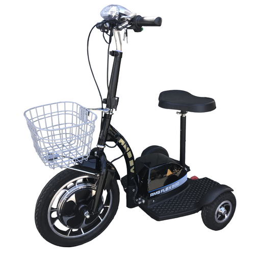 Black RMB Flex 500 Folding 3-Wheel Mobility Scooter front left view with front basket