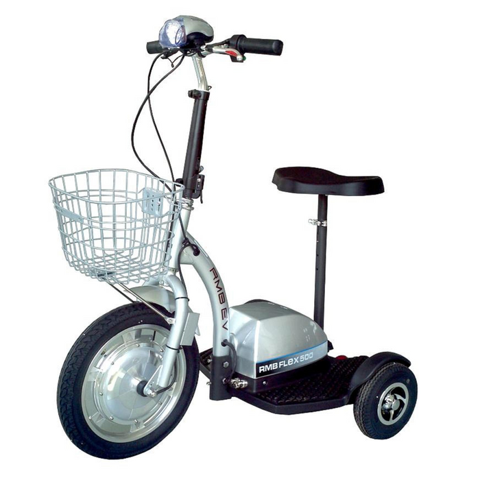 Silver RMB Flex 500 Folding 3-Wheel Mobility Scooter front view with front basket