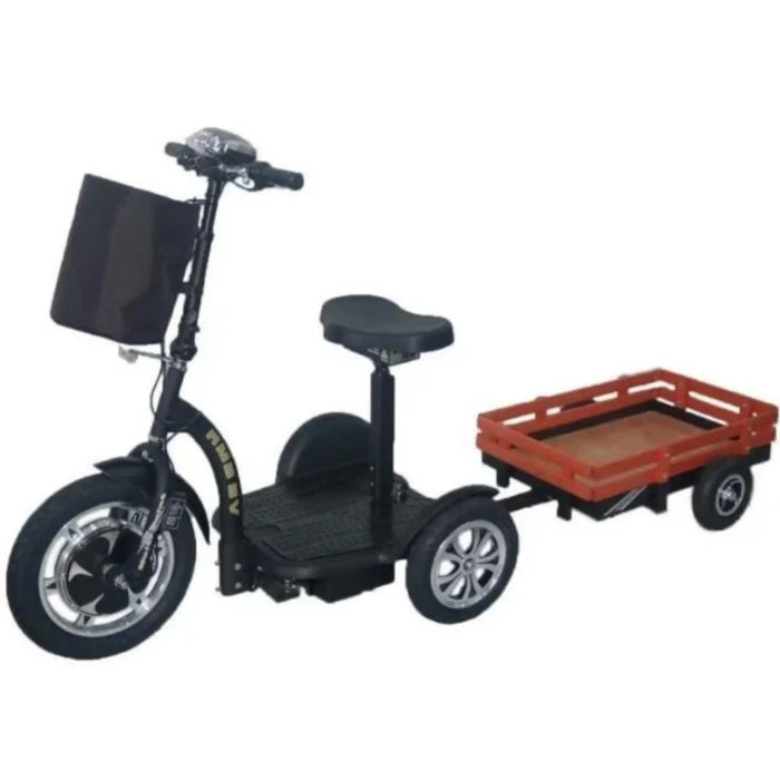 Black RMB Multi-Point QR Quick-Release Folding Mobility Scooter with optional Multi-Tote Trailer, shown in front left view with front storage bag