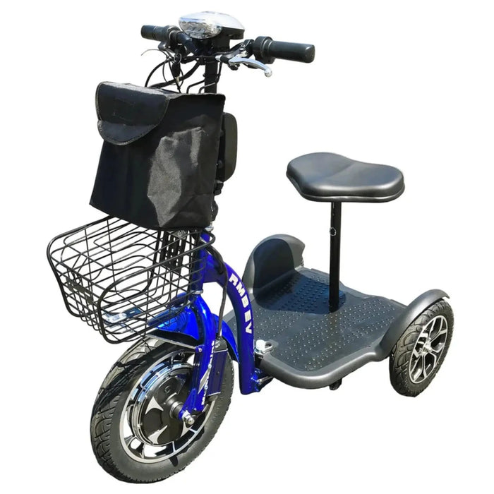 Blue RMB Multi-Point QR Quick-Release Folding Mobility Scooter with front basket and storage bag