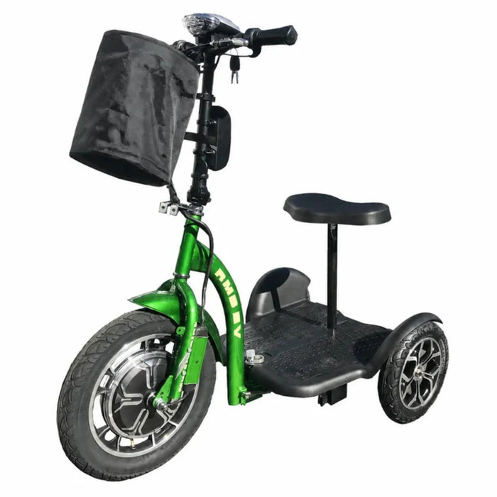 Green RMB Multi-Point QR Quick-Release Folding Mobility Scooter front left view with storage bag