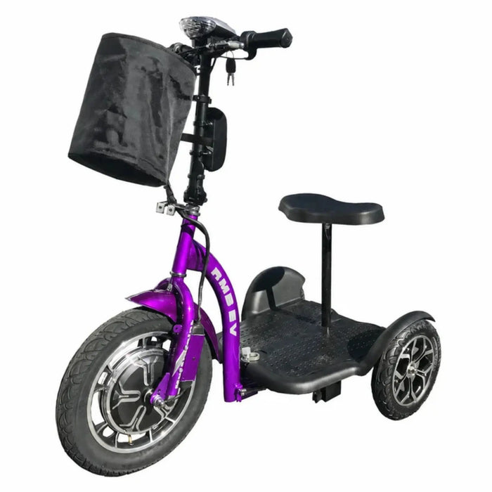Purple RMB Multi-Point QR Quick-Release Folding Mobility Scooter front left view with front storage bag