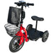 Red RMB Multi-Point QR Quick-Release Folding Mobility Scooter front left view with front basket and storage bag