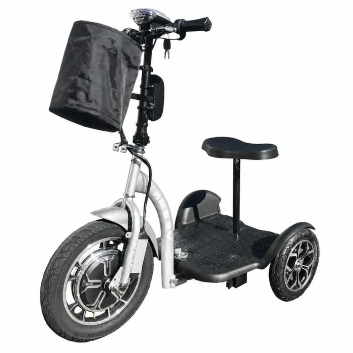 Silver RMB Multi-Point QR Quick-Release Folding Mobility Scooter front left view with storage bag