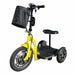 Yellow RMB Multi-Point QR Quick-Release Folding Mobility Scooter front left view with storage bag
